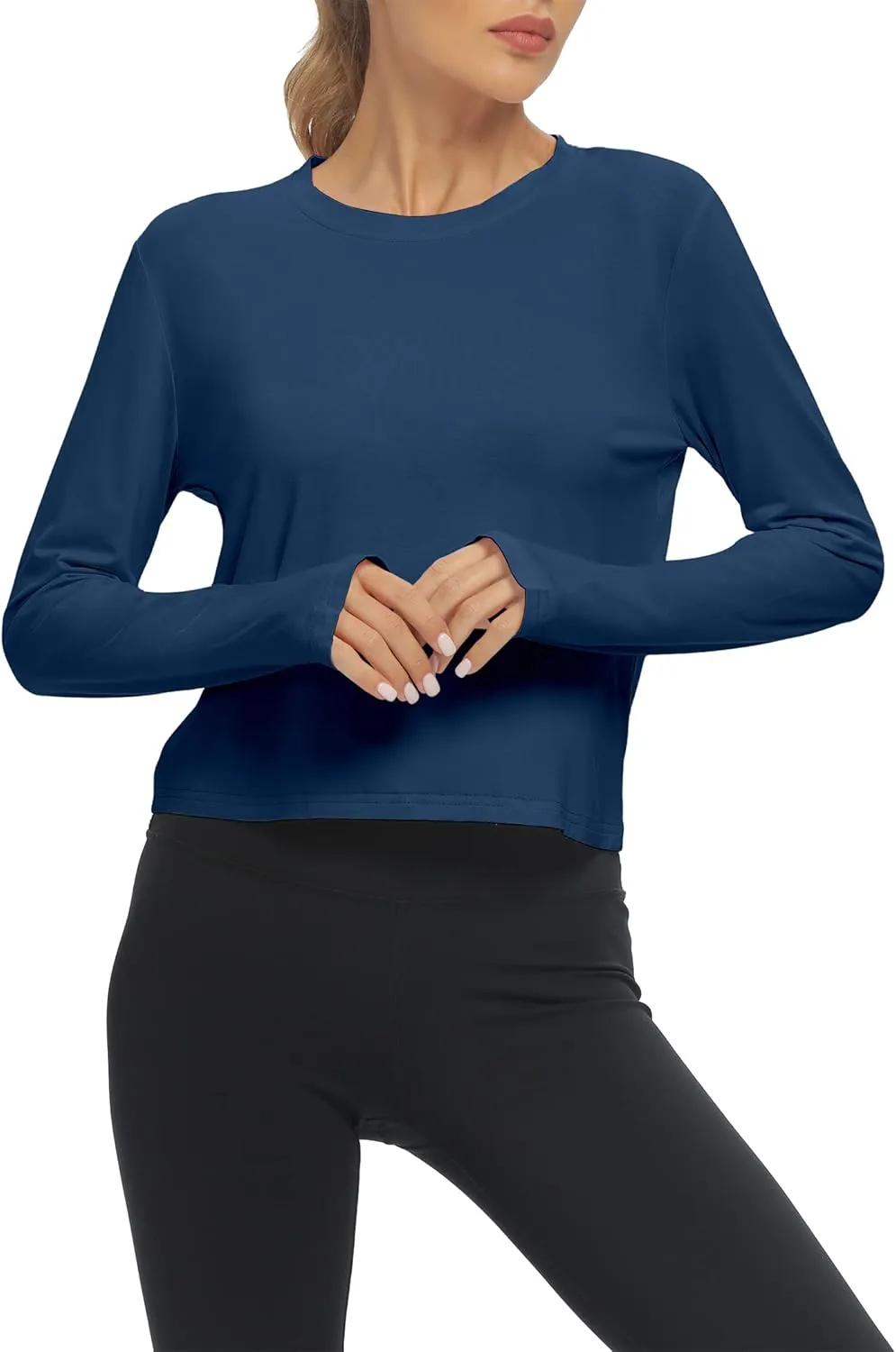 Mippo Long Sleeve Workout Tops Slightly Cropped Shirts for Women to Wear with Leggings