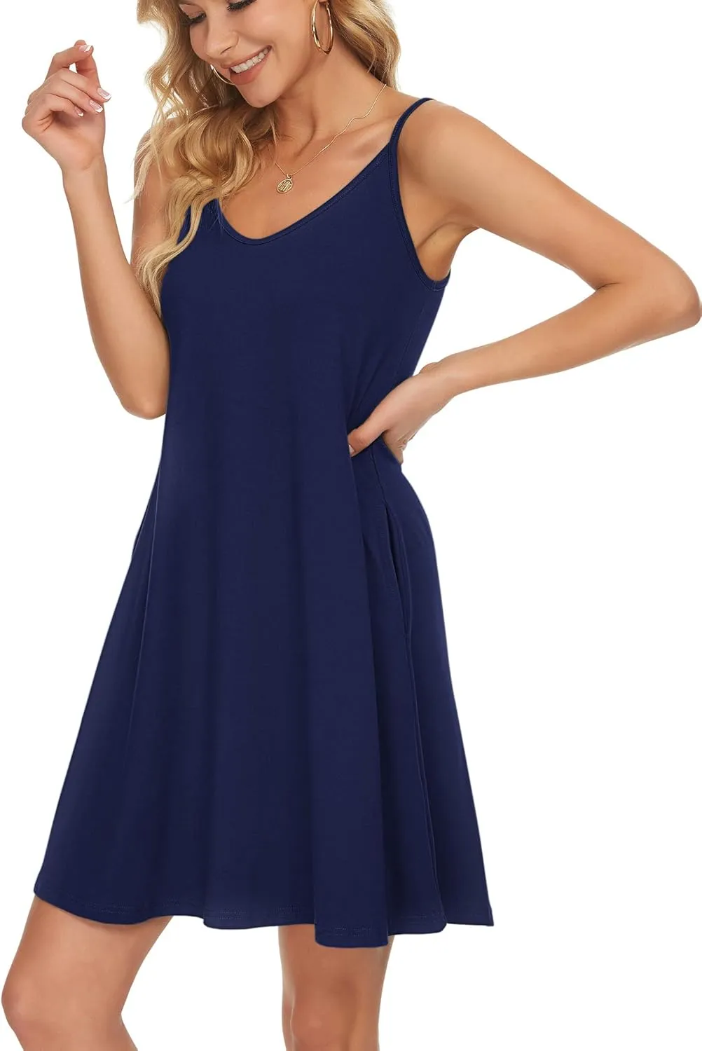 MISFAY Women's Summer Spaghetti Strap Casual Swing Tank Beach Cover Up Dress with Pockets