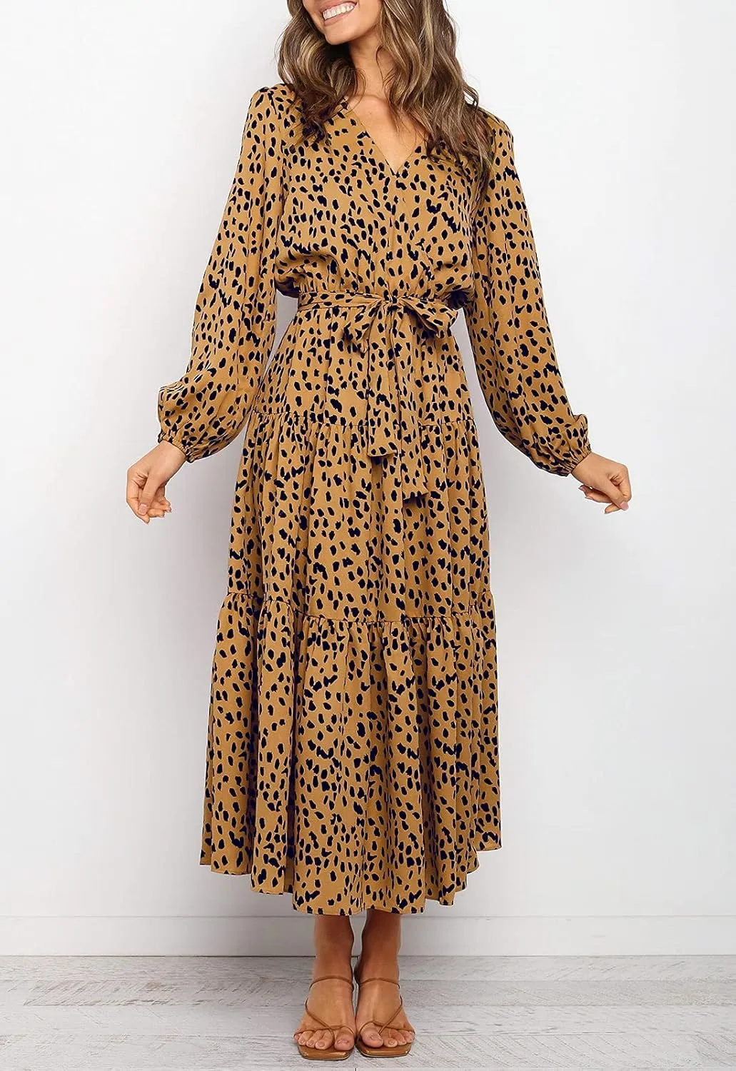 MITILLY Women's Boho Leopard Print Ruffle Long Sleeve V Neck Casual Flowy Party Maxi Dress