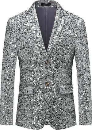 MOGU Mens Sequin Blazer Slim Fit Shiny Gold Silver Dress Suit Jacket Tuxedo Sport Coats for Prom Party Dinner