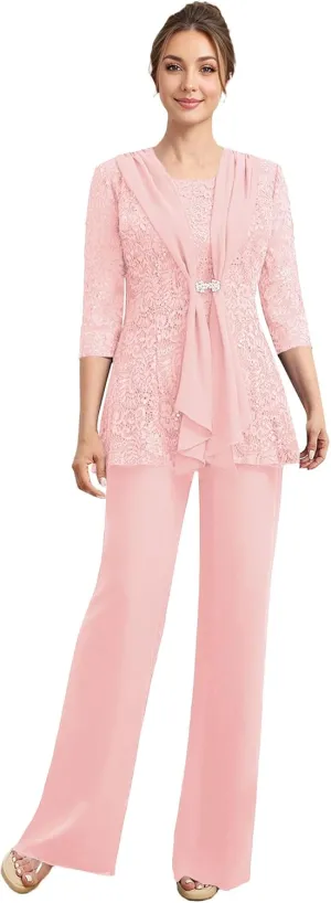 Mother of The Bride Pant Suits 3 Pieces Lace Formal Pants Outfit Grandmother of The Bride Pant Suits for Wedding Jacket