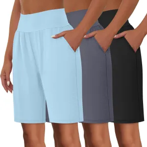 Neer 3 Pack Women's Bermuda Shorts, High Waist Cotton Stretch Casual Bottoms Knee Length Summer Athletic Short with Pockets