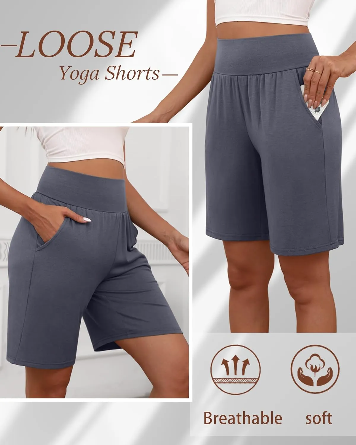 Neer 3 Pack Women's Bermuda Shorts, High Waist Cotton Stretch Casual Bottoms Knee Length Summer Athletic Short with Pockets