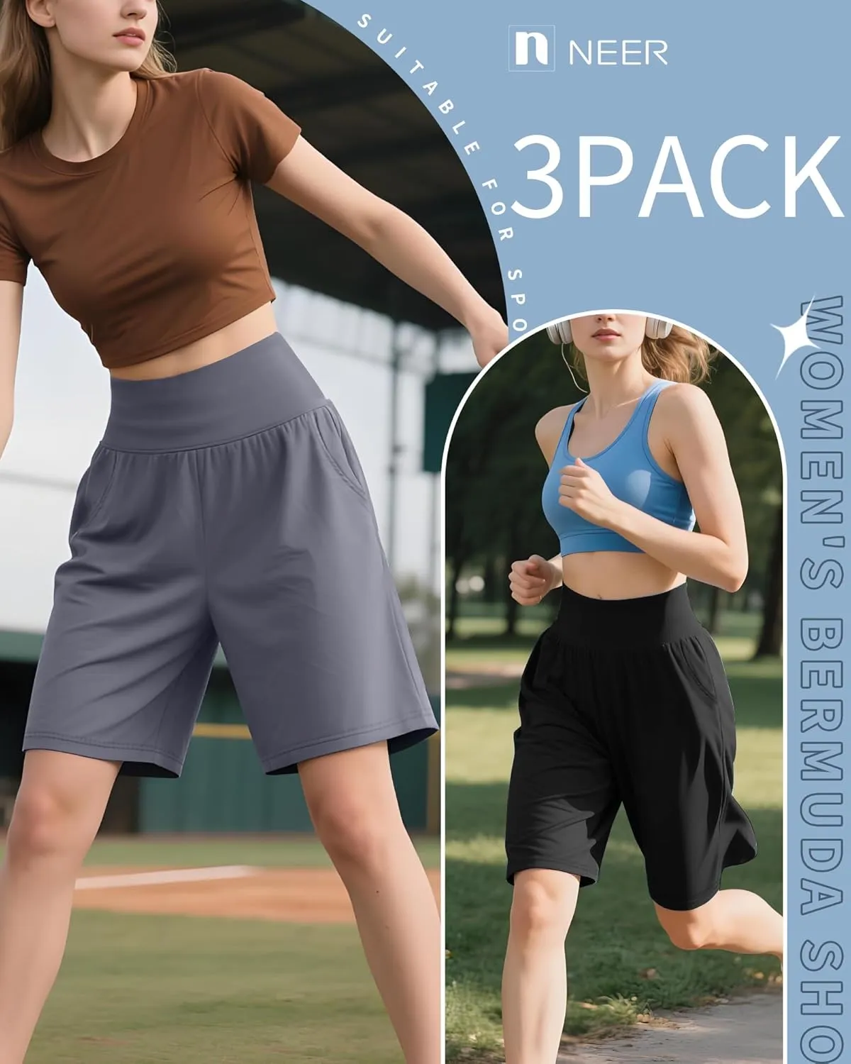 Neer 3 Pack Women's Bermuda Shorts, High Waist Cotton Stretch Casual Bottoms Knee Length Summer Athletic Short with Pockets
