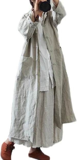NFYM Women Vintage Cotton Linen Trench Coats Button Stand Solid Color Long Sleeve Pockets Long Jackets