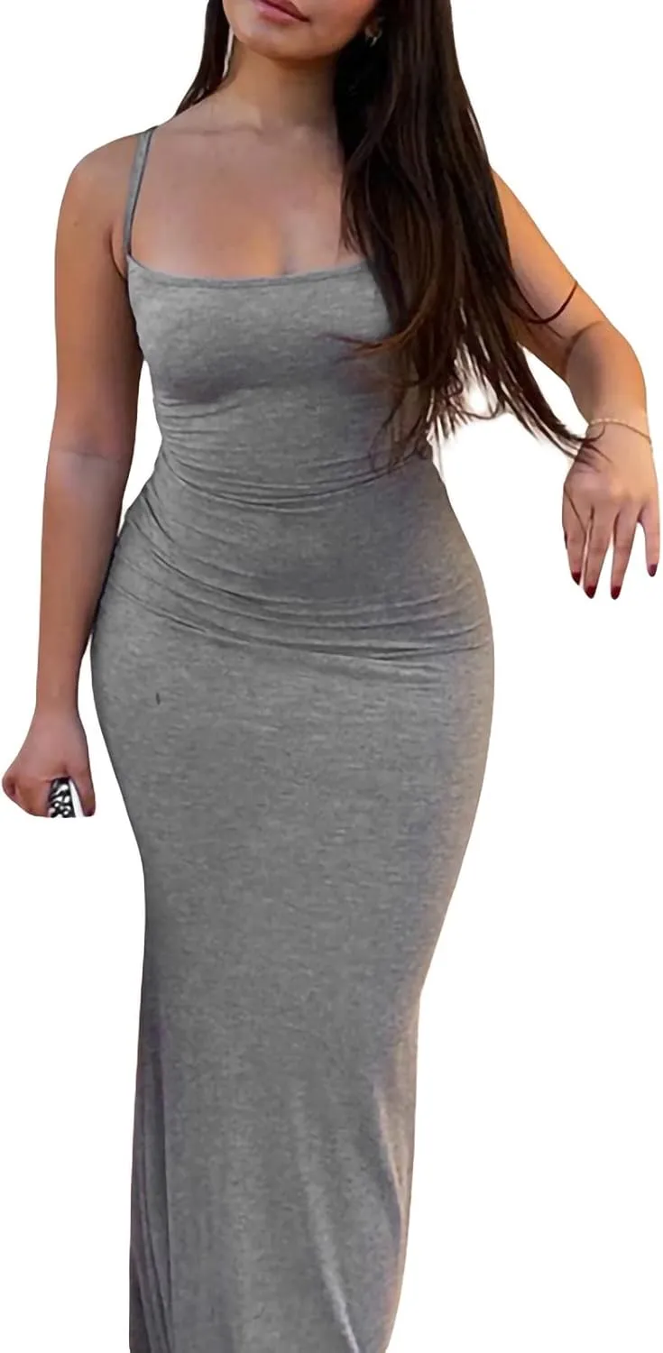 NUFIWI Women Sexy Hollow Out Maxi Dress Spaghetti Strap Low Cut Cami Dress Bodycon Summer Beach Party Formal Sundress