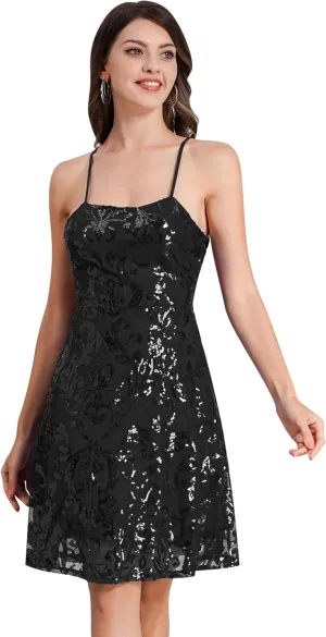 ODIZLI Short Prom Sequin Dresses for Teens Skater Dress for Women Spaghetti Straps Sparkly A Line Swing Dresses