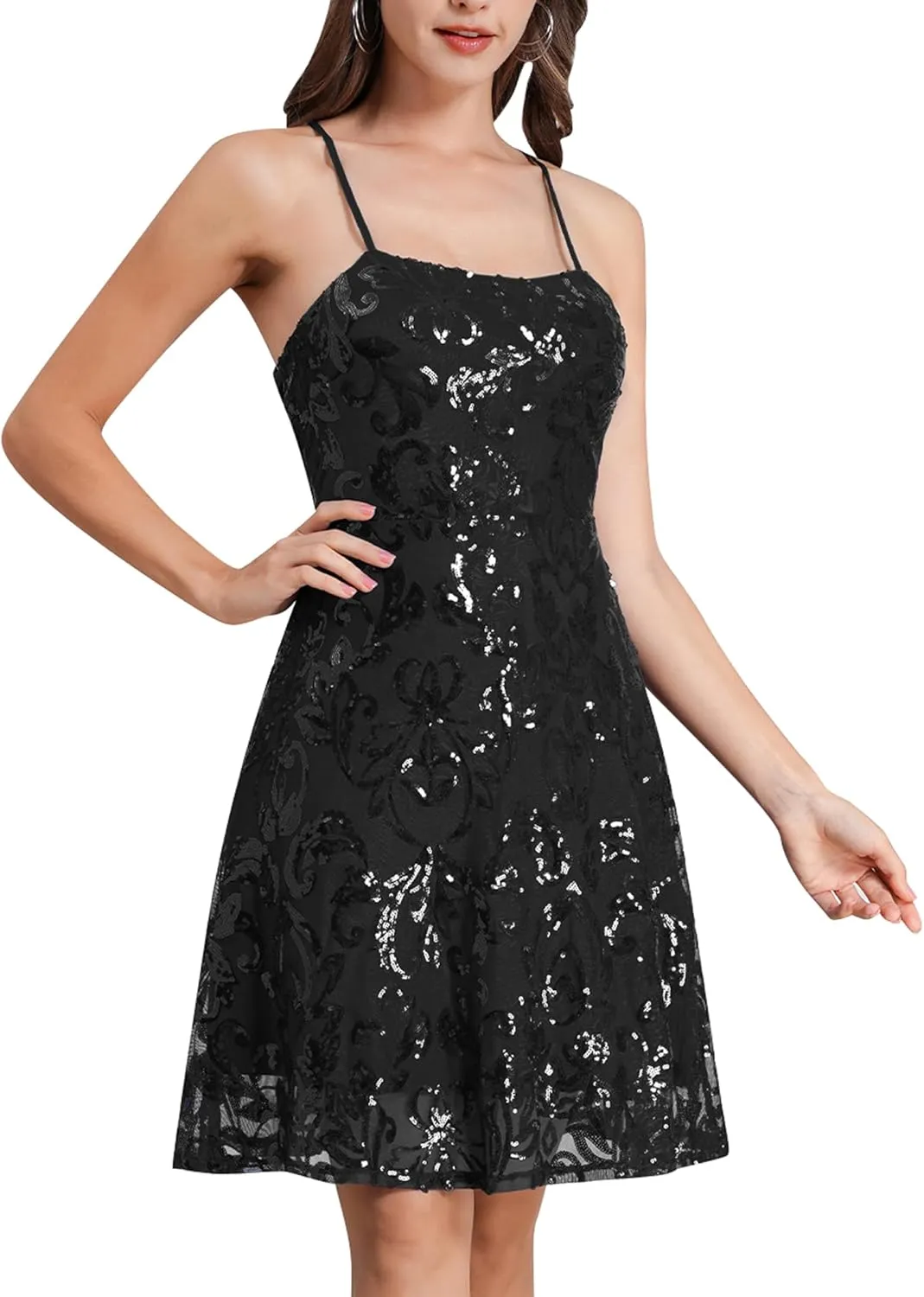 ODIZLI Short Prom Sequin Dresses for Teens Skater Dress for Women Spaghetti Straps Sparkly A Line Swing Dresses