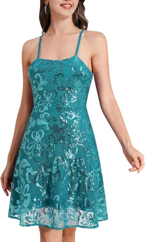 ODIZLI Short Prom Sequin Dresses for Teens Skater Dress for Women Spaghetti Straps Sparkly A Line Swing Dresses