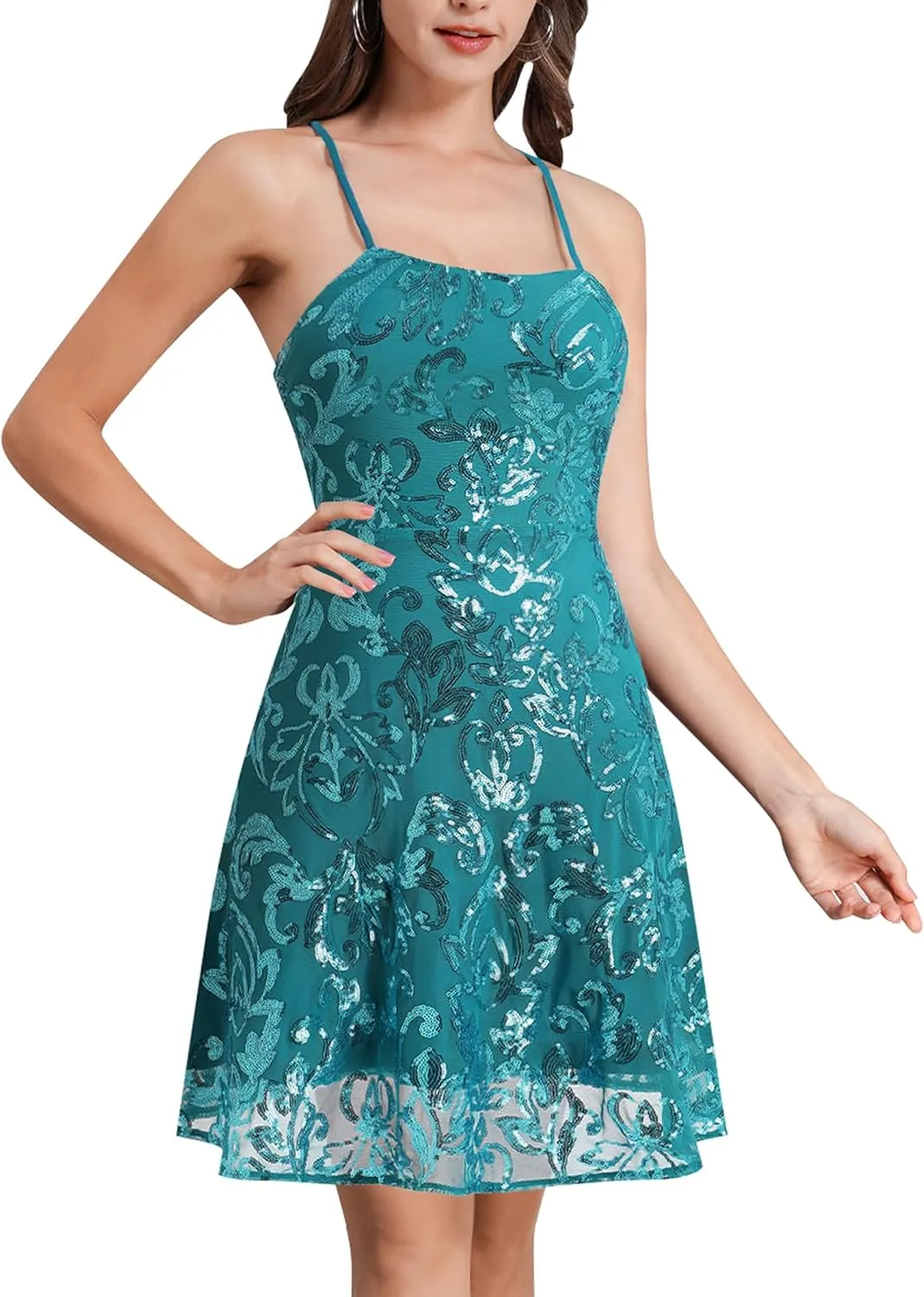 ODIZLI Short Prom Sequin Dresses for Teens Skater Dress for Women Spaghetti Straps Sparkly A Line Swing Dresses