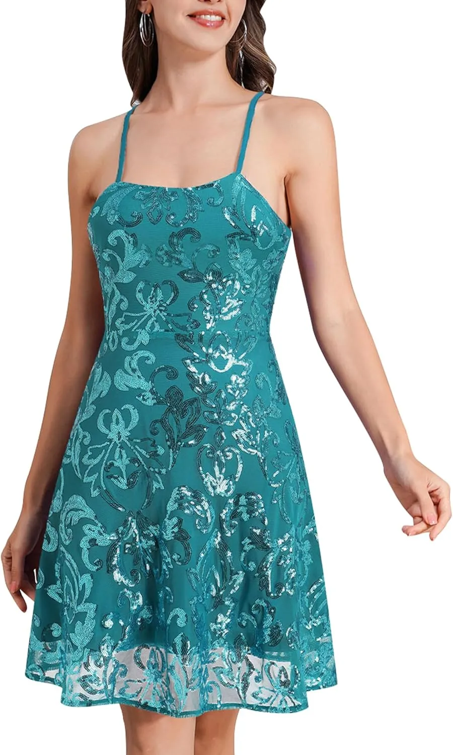 ODIZLI Short Prom Sequin Dresses for Teens Skater Dress for Women Spaghetti Straps Sparkly A Line Swing Dresses