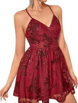 ODIZLI Women's Spaghetti Straps Sparkly Sequins A Line Swing Party Nightclub Dance Mini Dress Above Knee Length