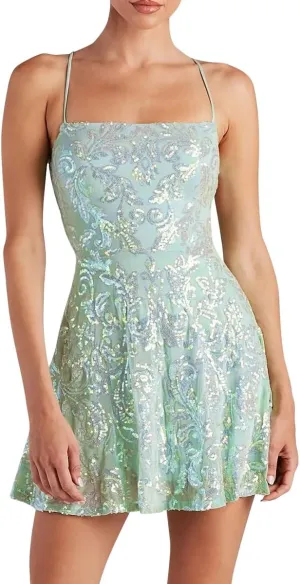 ODIZLI Women's Spaghetti Straps Sparkly Sequins A Line Swing Party Nightclub Dance Mini Dress Above Knee Length