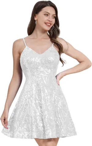 ODIZLI Women's Spaghetti Straps Sparkly Sequins A Line Swing Party Nightclub Dance Mini Dress Above Knee Length