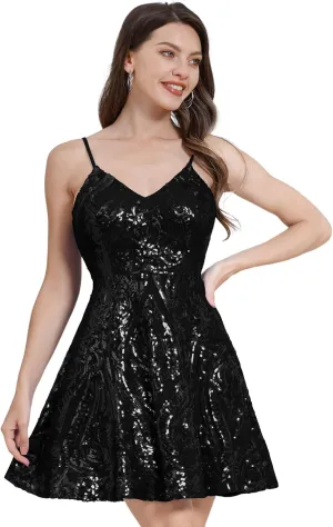 ODIZLI Women's Spaghetti Straps Sparkly Sequins A Line Swing Party Nightclub Dance Mini Dress Above Knee Length