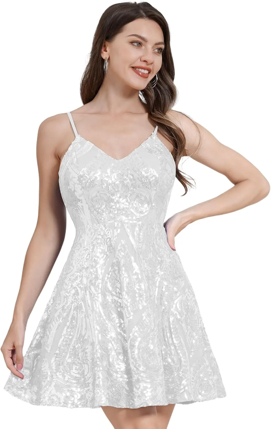 ODIZLI Women's Spaghetti Straps Sparkly Sequins A Line Swing Party Nightclub Dance Mini Dress Above Knee Length