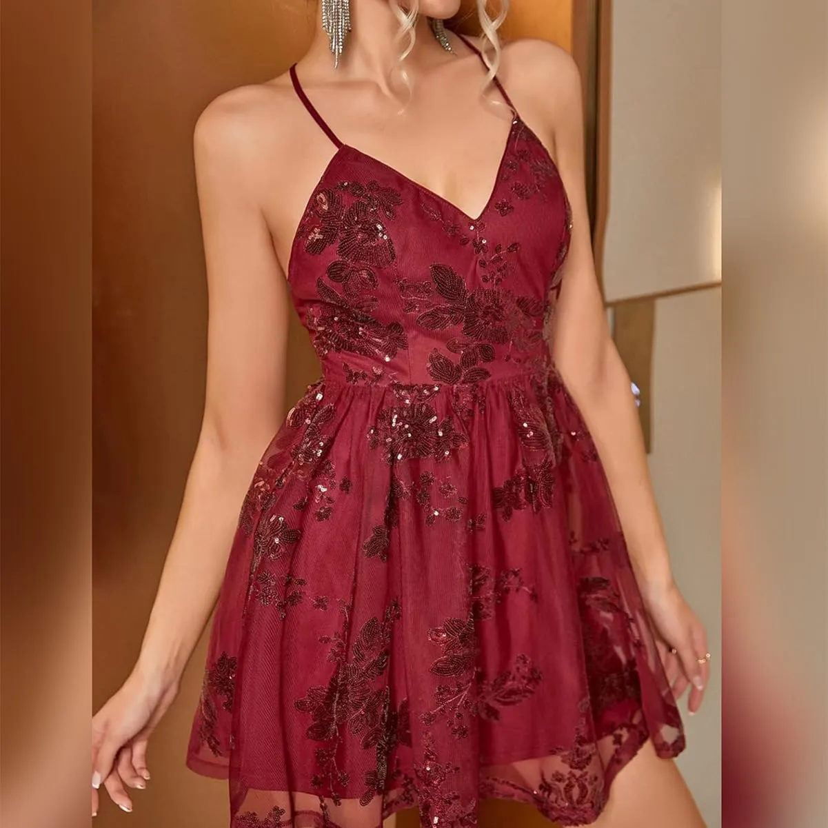 ODIZLI Women's Spaghetti Straps Sparkly Sequins A Line Swing Party Nightclub Dance Mini Dress Above Knee Length