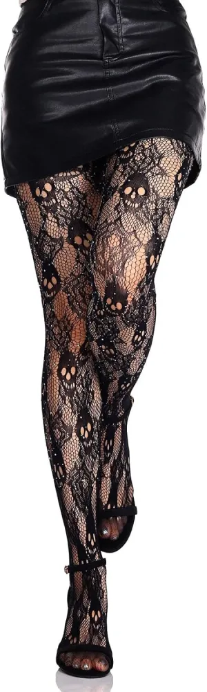 Olbye Black Fishnet Stockings Skull Tights Rhinestone Spiderweb Thigh High Waist Leggings Halloween Goth Tights for Women