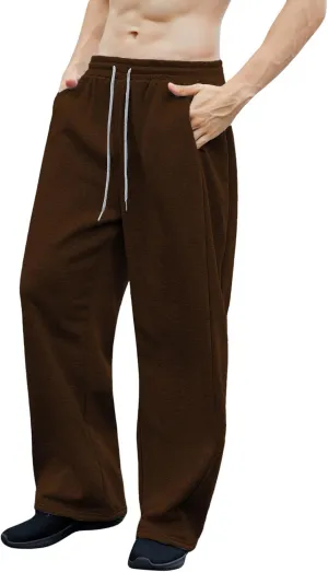 OYOANGLE Men's Drawstring Waist Straight Wide Leg Baggy Pants Workout Athletic Sweatpants with Pocket