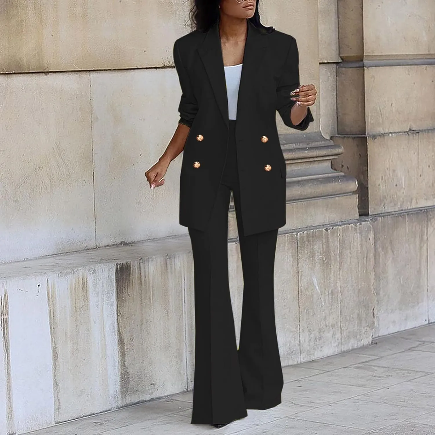 Pants Suit for Women 2 Piece Outfits Long Sleeve Button Business Blazer Suits Set High Waisted Bell Bottom Pants