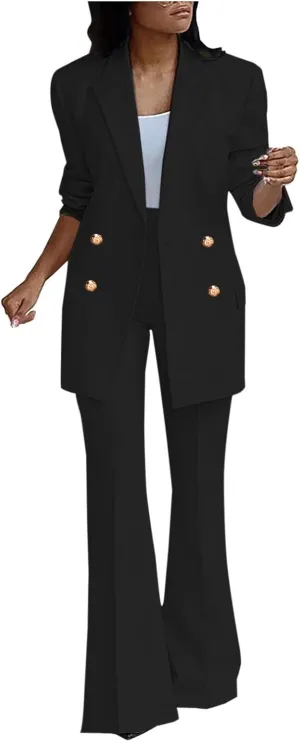 Pants Suit for Women 2 Piece Outfits Long Sleeve Button Business Blazer Suits Set High Waisted Bell Bottom Pants