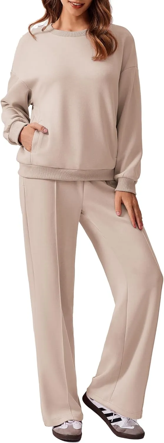 PINSPARK 2 Piece Sets For Women Long Sleeve Sweatshirts Drawstring Straight Leg Pants Fall Travel Airport Outfits 2025