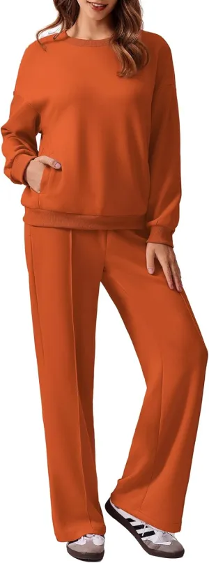 PINSPARK 2 Piece Sets For Women Long Sleeve Sweatshirts Drawstring Straight Leg Pants Fall Travel Airport Outfits 2025