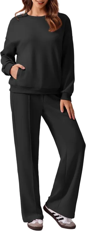 PINSPARK 2 Piece Sets For Women Long Sleeve Sweatshirts Drawstring Straight Leg Pants Fall Travel Airport Outfits 2025
