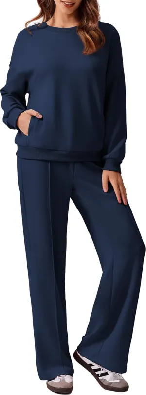 PINSPARK 2 Piece Sets For Women Long Sleeve Sweatshirts Drawstring Straight Leg Pants Fall Travel Airport Outfits 2025