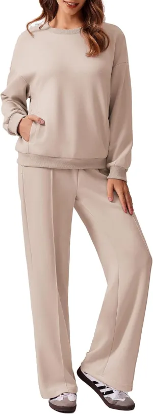 PINSPARK 2 Piece Sets For Women Long Sleeve Sweatshirts Drawstring Straight Leg Pants Fall Travel Airport Outfits 2025