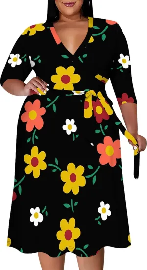 Plus Size Wedding Guest Midi Dresses for Curvy Women 3/4 Sleeves V Neck Floral Printed Cocktail Party Dresses with Belt