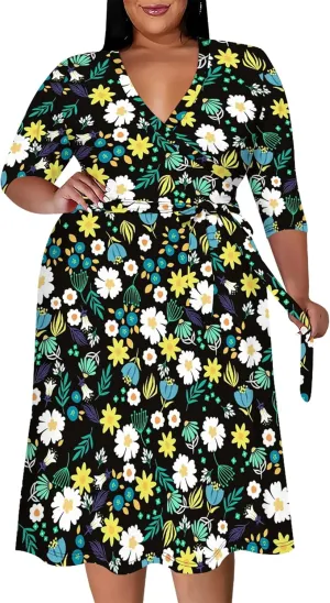 Plus Size Wedding Guest Midi Dresses for Curvy Women 3/4 Sleeves V Neck Floral Printed Cocktail Party Dresses with Belt