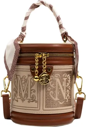 PU Leather Bucket Bag, Cylindrical Bucket Bag Embroidered Shoulder Bag, Crossbody Bag, Elegant Handbag For Woman Girls