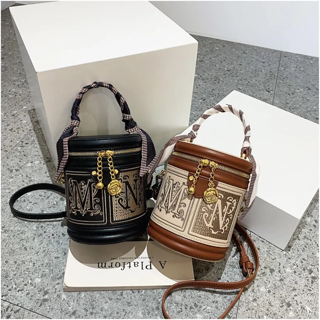 PU Leather Bucket Bag, Cylindrical Bucket Bag Embroidered Shoulder Bag, Crossbody Bag, Elegant Handbag For Woman Girls