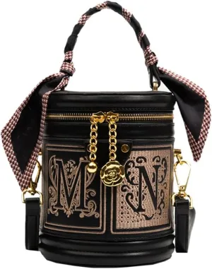 PU Leather Bucket Bag, Cylindrical Bucket Bag Embroidered Shoulder Bag, Crossbody Bag, Elegant Handbag For Woman Girls