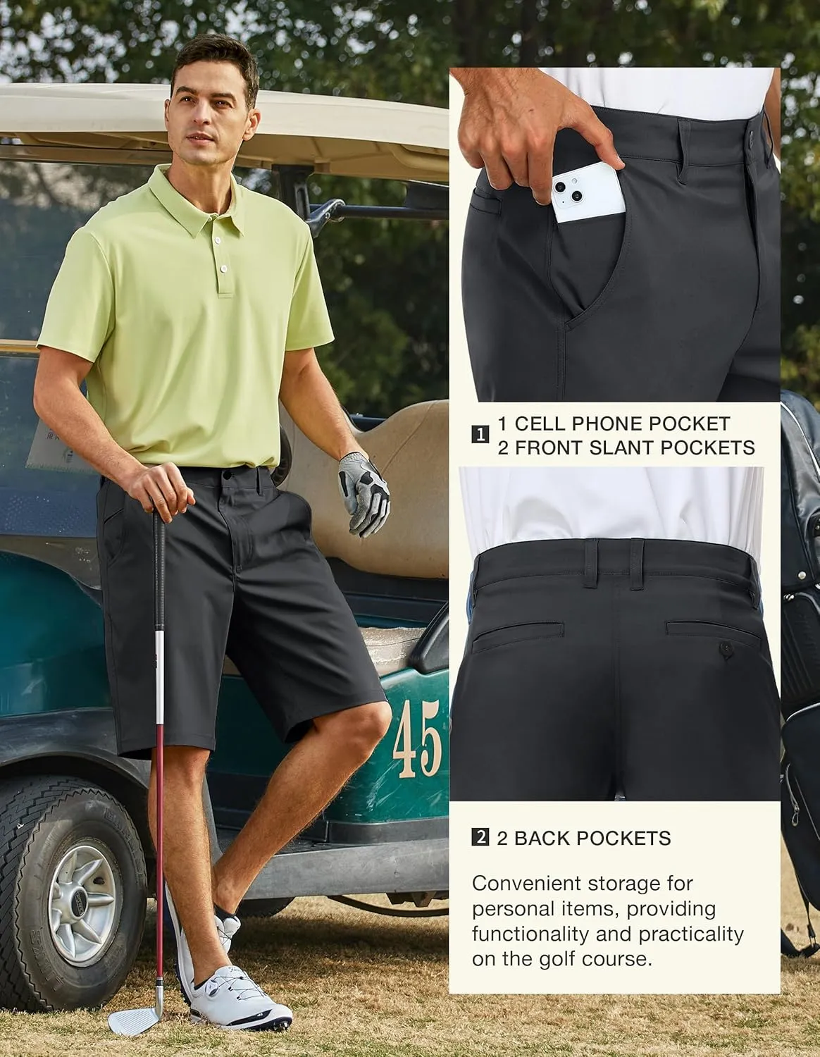 PULI Men's 10" Golf Shorts Dress Casual Summer Flat Front Lightweight Travel Short with Pockets