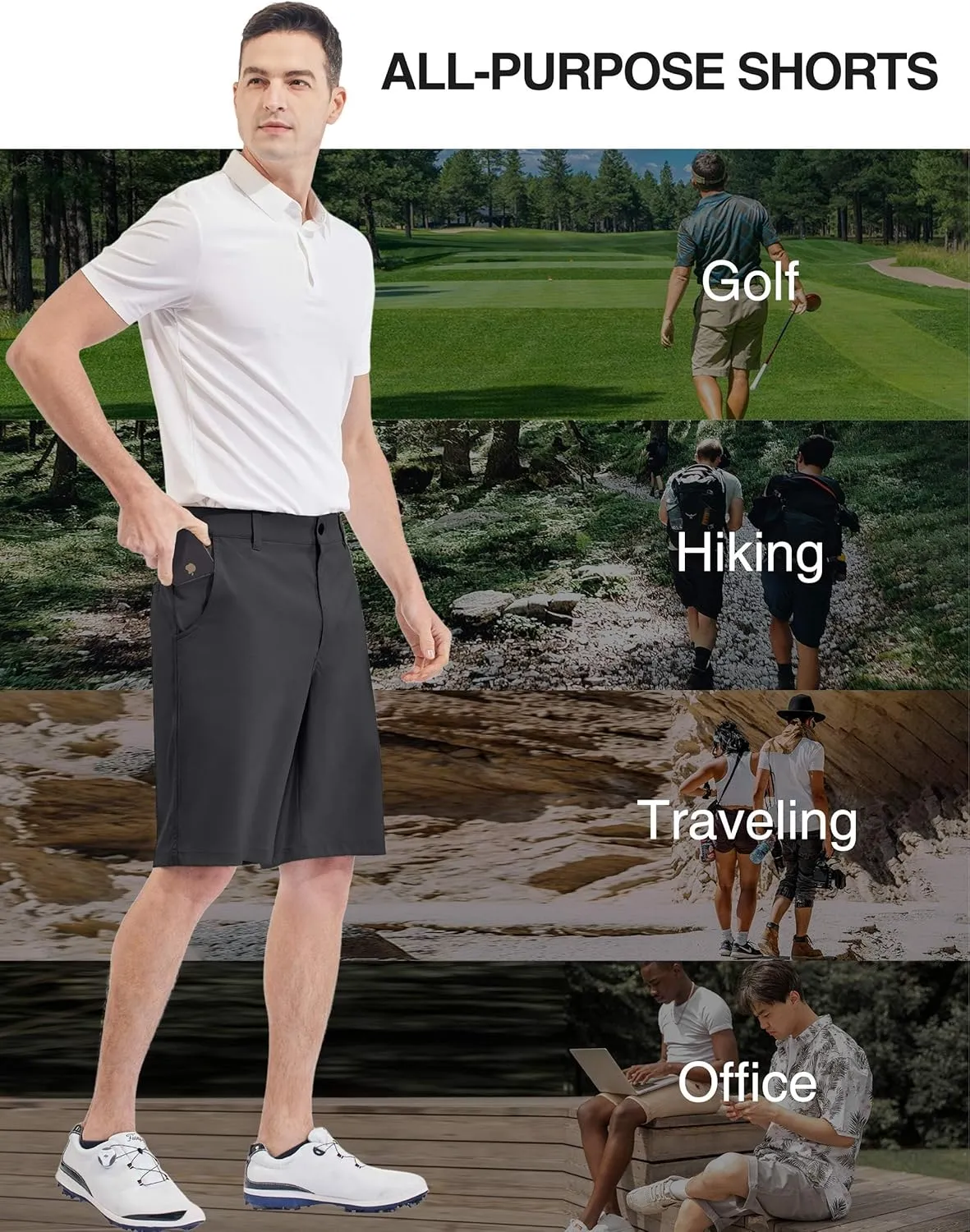 PULI Men's 10" Golf Shorts Dress Casual Summer Flat Front Lightweight Travel Short with Pockets