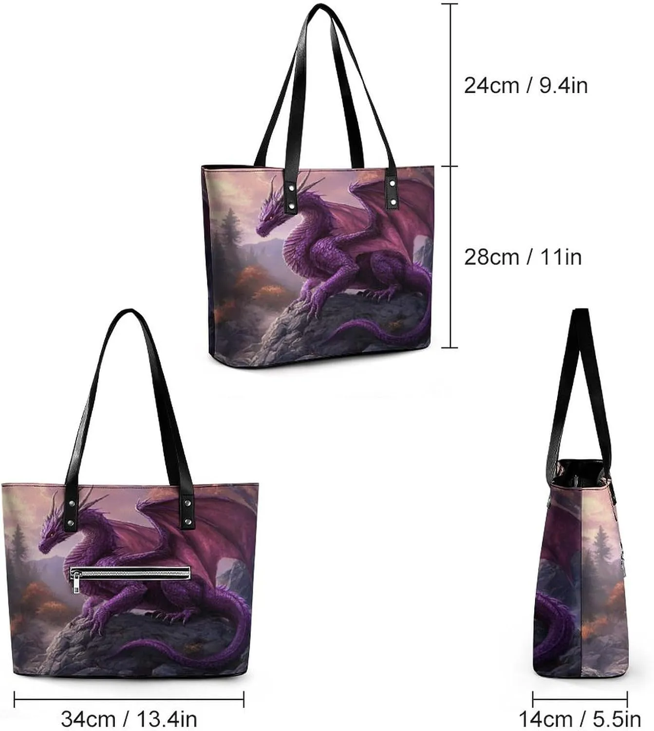 Purple Snow Dragon Women Soft Leather Handbags Tote Purses Shoulder Bucket Bags