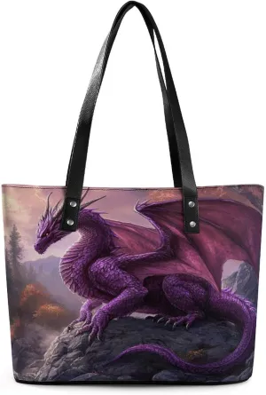 Purple Snow Dragon Women Soft Leather Handbags Tote Purses Shoulder Bucket Bags