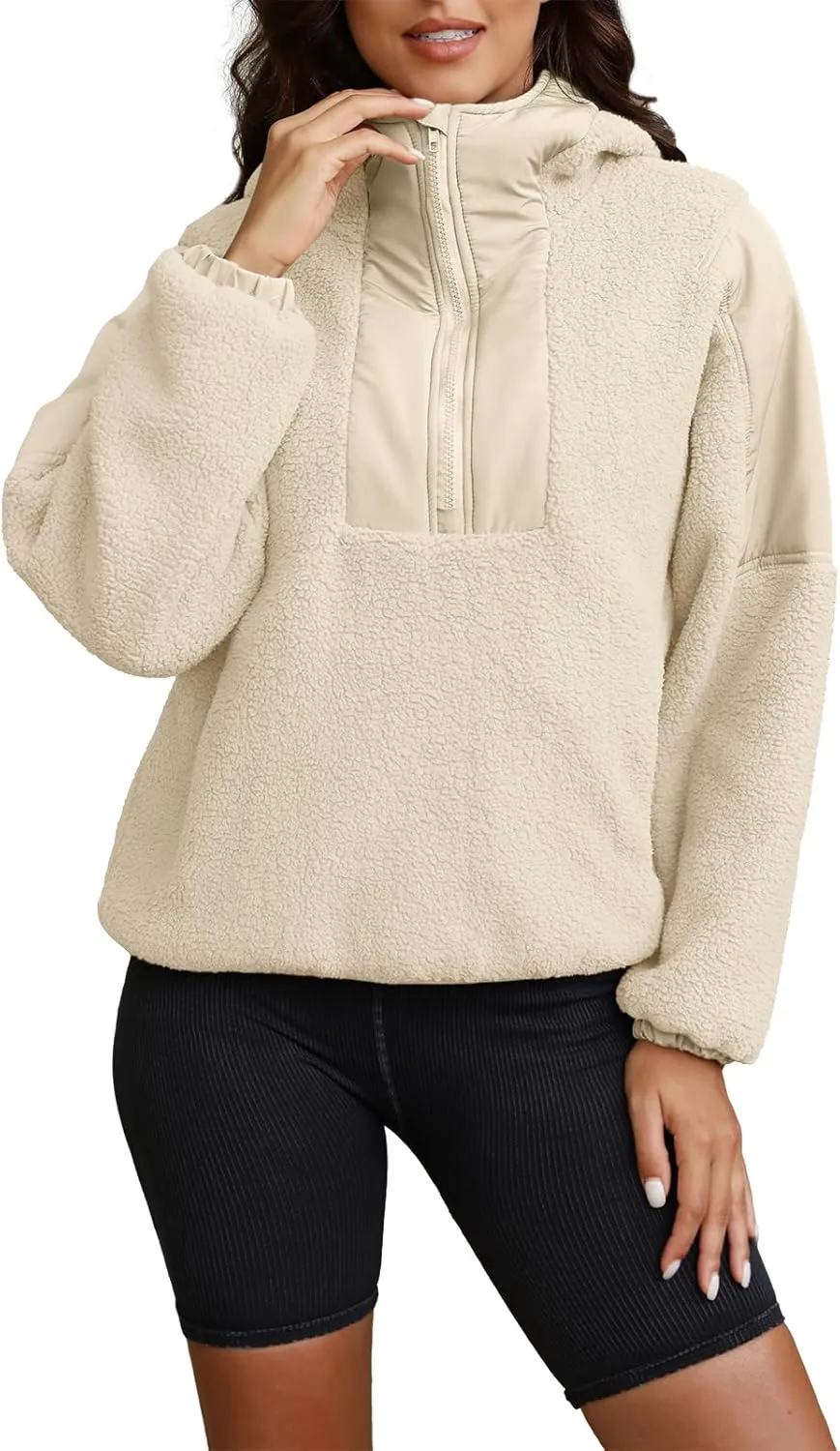 ReachMe Womens Fleece Hoodie Oversized Sherpa Jacket with Pockets Half Zip Sweatshirt Fuzzy Pullover Coats