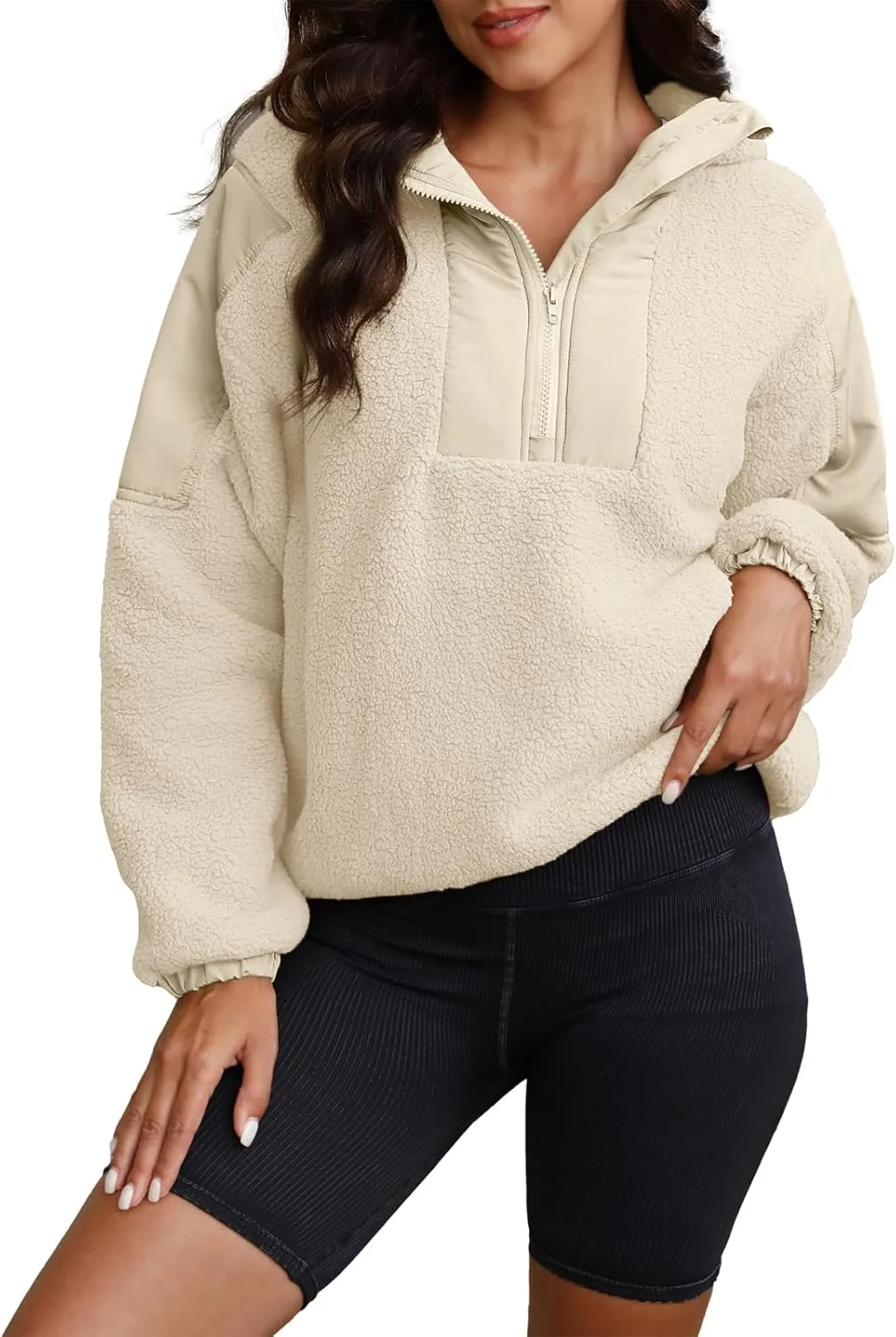 ReachMe Womens Fleece Hoodie Oversized Sherpa Jacket with Pockets Half Zip Sweatshirt Fuzzy Pullover Coats