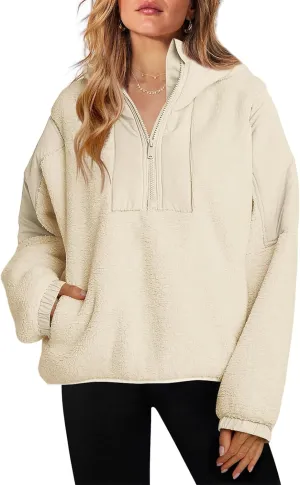 ReachMe Womens Fleece Hoodie Oversized Sherpa Jacket with Pockets Half Zip Sweatshirt Fuzzy Pullover Coats