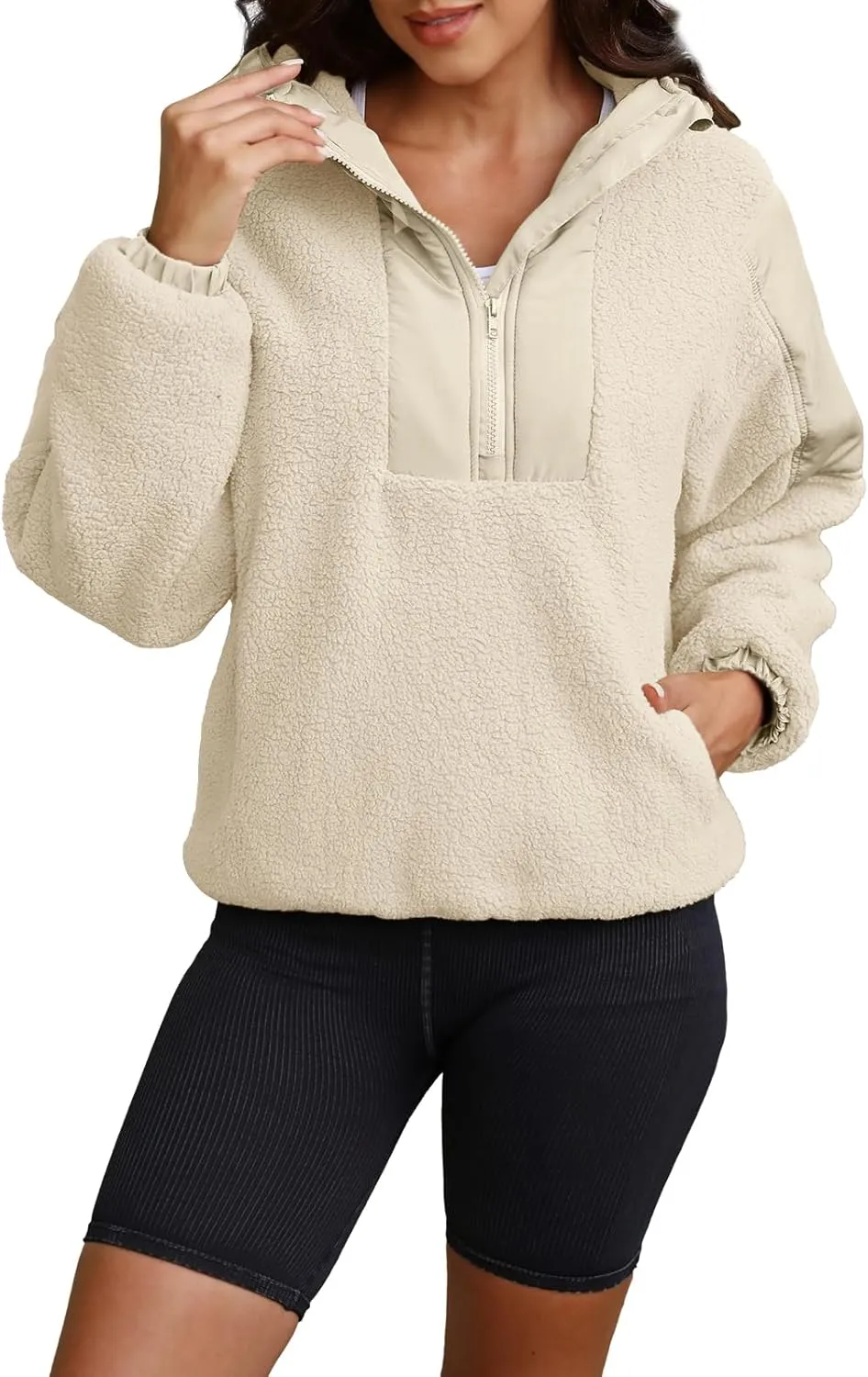 ReachMe Womens Fleece Hoodie Oversized Sherpa Jacket with Pockets Half Zip Sweatshirt Fuzzy Pullover Coats
