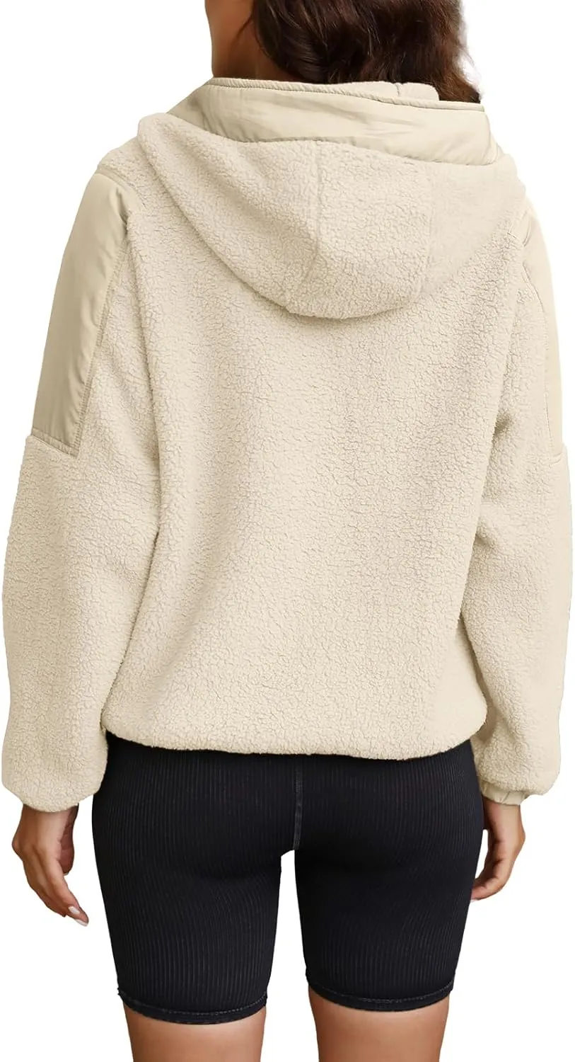 ReachMe Womens Fleece Hoodie Oversized Sherpa Jacket with Pockets Half Zip Sweatshirt Fuzzy Pullover Coats