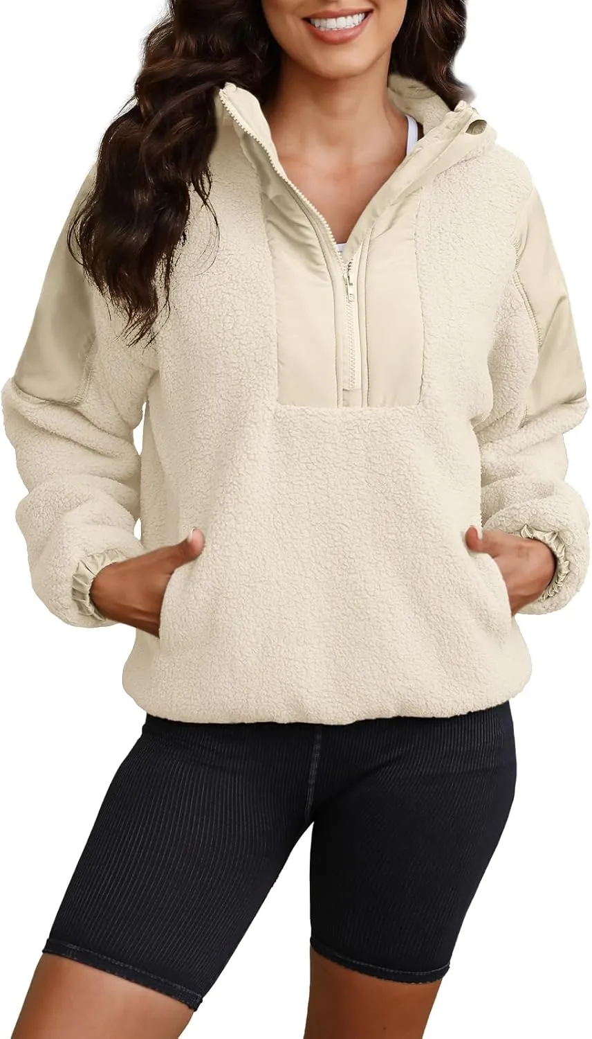 ReachMe Womens Fleece Hoodie Oversized Sherpa Jacket with Pockets Half Zip Sweatshirt Fuzzy Pullover Coats