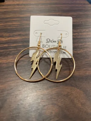 Round Gold Hoop Earrings with Lightning Bolt