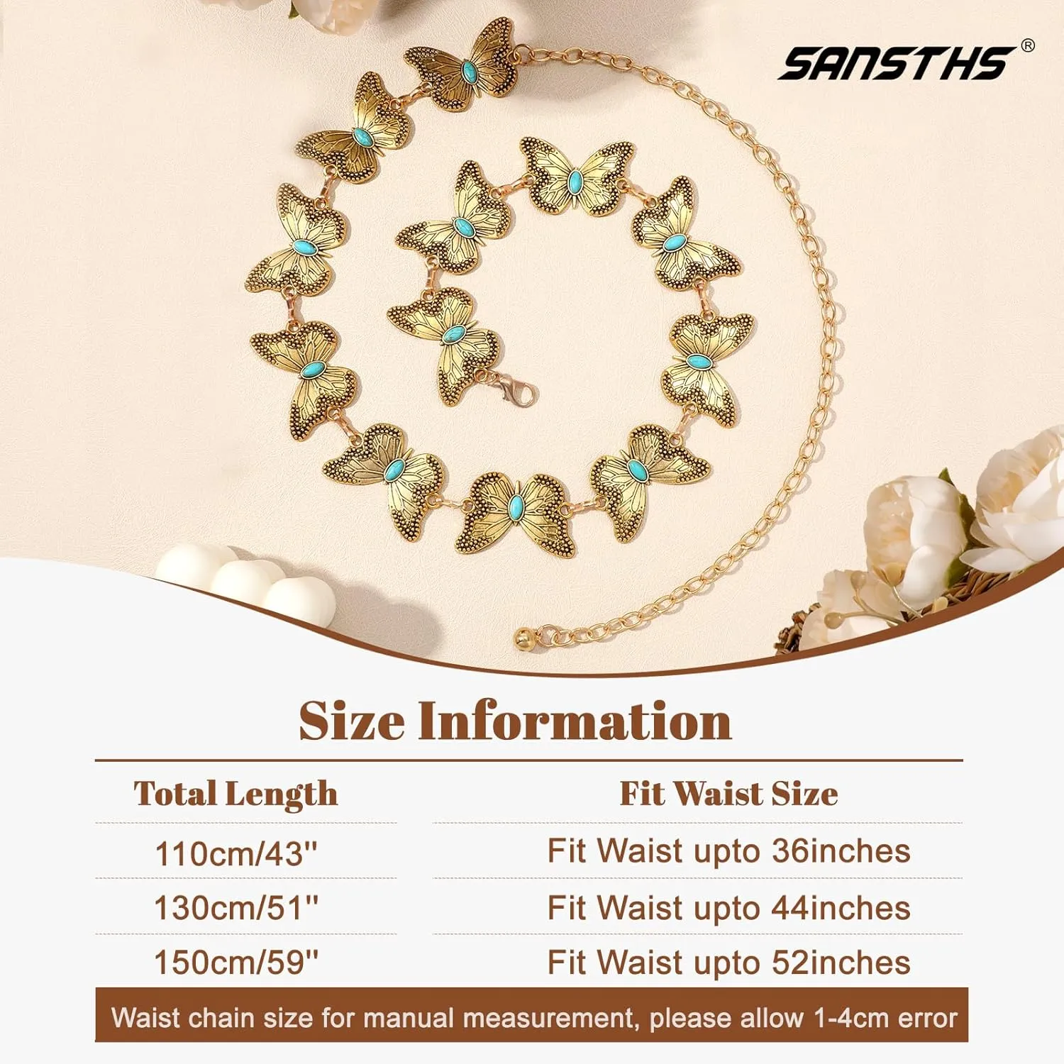 SANSTHS Women Western Metal Chain Belt Cowgirl Waist Chain Belt for Dresses Jeans Concho Gold Chain Hip Belt