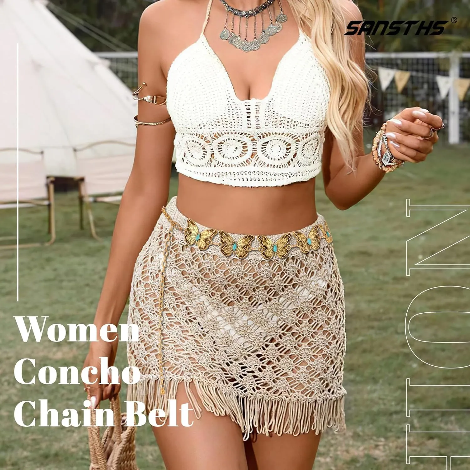 SANSTHS Women Western Metal Chain Belt Cowgirl Waist Chain Belt for Dresses Jeans Concho Gold Chain Hip Belt
