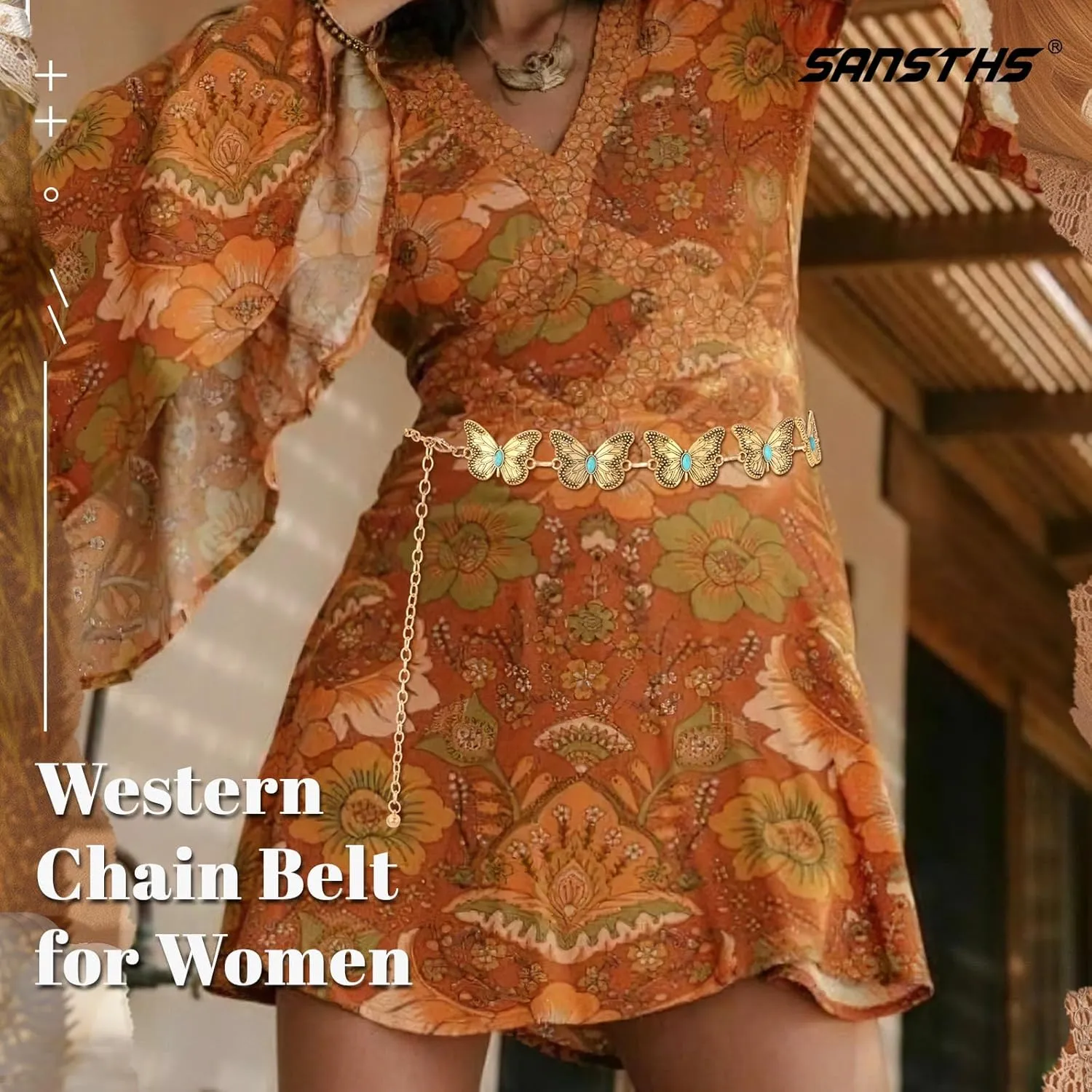 SANSTHS Women Western Metal Chain Belt Cowgirl Waist Chain Belt for Dresses Jeans Concho Gold Chain Hip Belt
