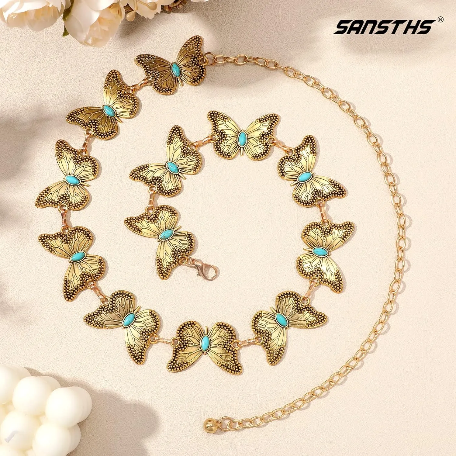 SANSTHS Women Western Metal Chain Belt Cowgirl Waist Chain Belt for Dresses Jeans Concho Gold Chain Hip Belt